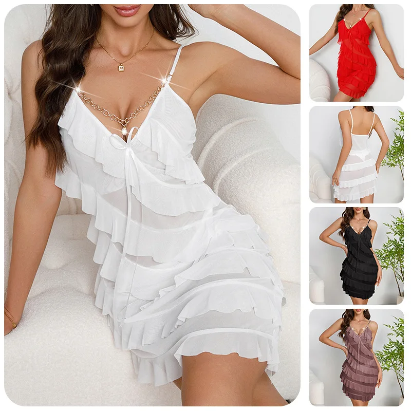 Fashion New Arrival Women Layered Ruffle Mesh Cami Nightgown V-Neck Pearl Pendant Decor Solid Color Women Sleepwear
