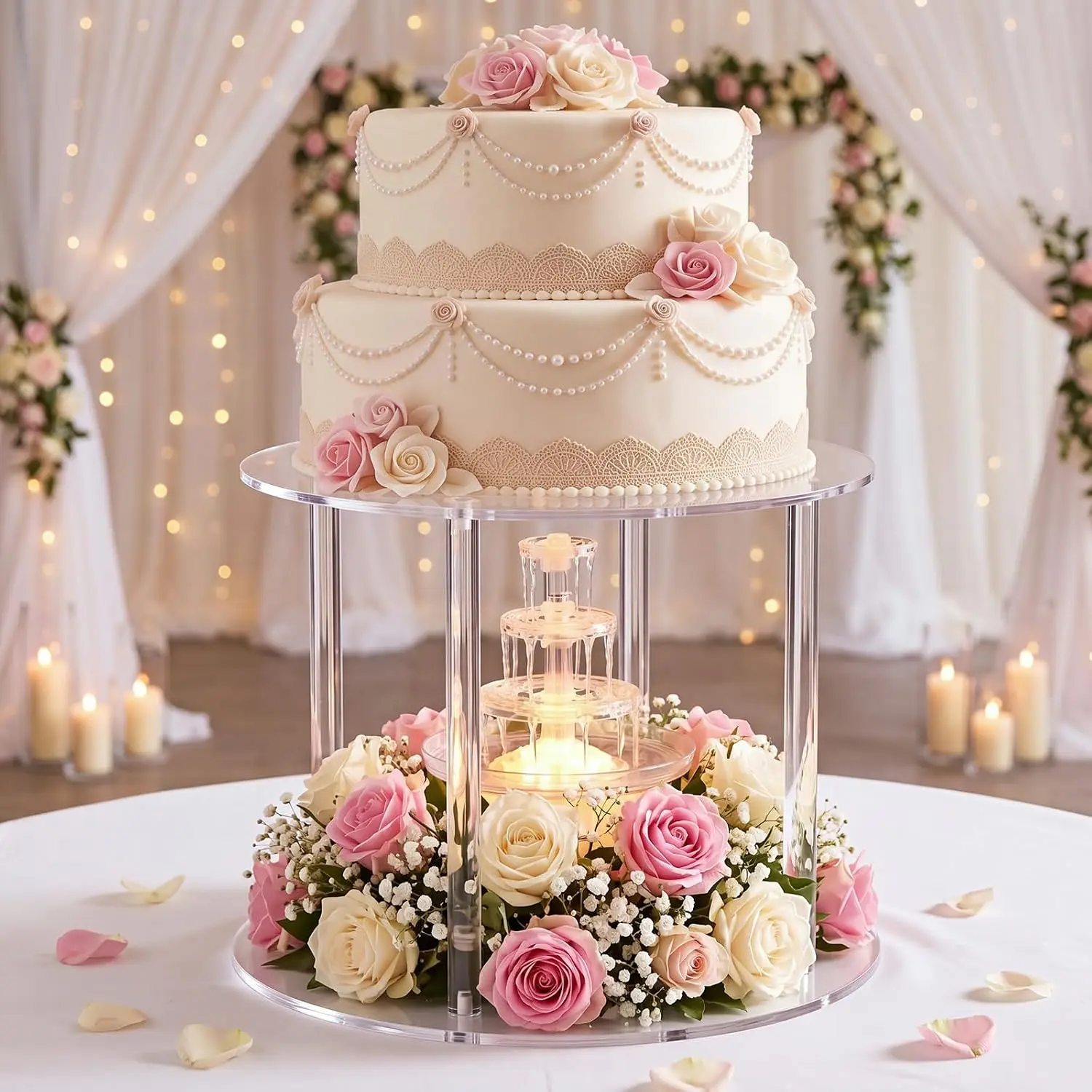 Acrylic 2-Tier Round Plate Cake Stand with Fountain Separator, 18 Inch