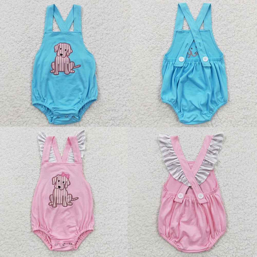 Wholesale Toddler Baby Newborn Embroidery Dog Romper Button Up Cotton Jumpsuit Kid Children Matching Boy Girl Summer One-piece