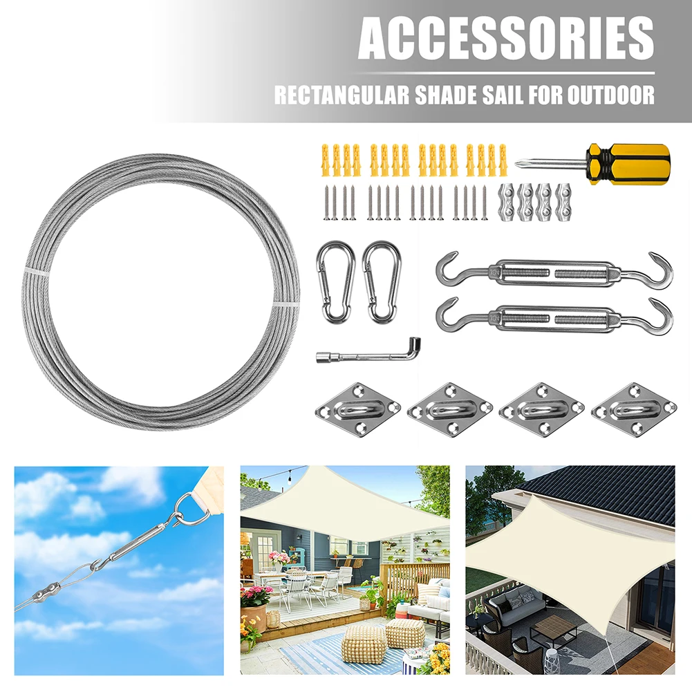 Shade Sail Hardware Kit with 15M Cable Wire Stainless Steel Awning Canopy Installation Kit Turnbuckles Eye Hook Kit for Garden