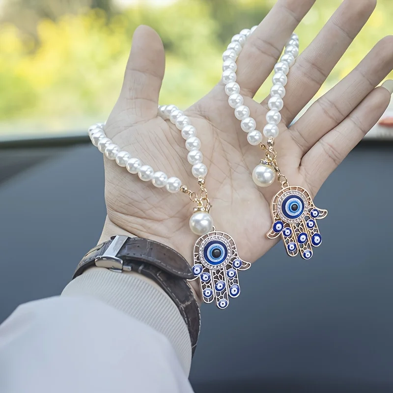 Evil Eye Car Pendant— An Evil Eye Pendant Embellished With Pearls and Beads, An Ideal Choice for Interior Car Decoration.