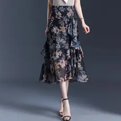 Printing Fashion Floral Skirts Summer New High Waist Chiffon A-line Skirt Ladies Fashionable Ruffles Irregular High Waist Skirt