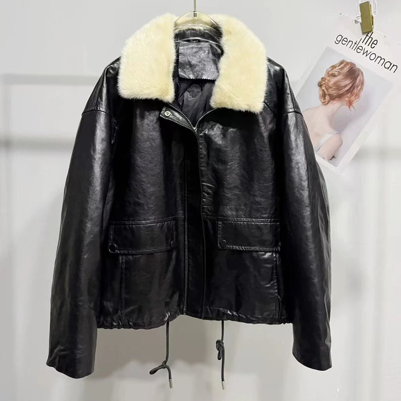 Doudoune en cuir marron hiver dames de luxe col de fourrure de vison 90 duvet d'oie blanche ample chaud cireux manteau en peau de mouton Doudoune Femme