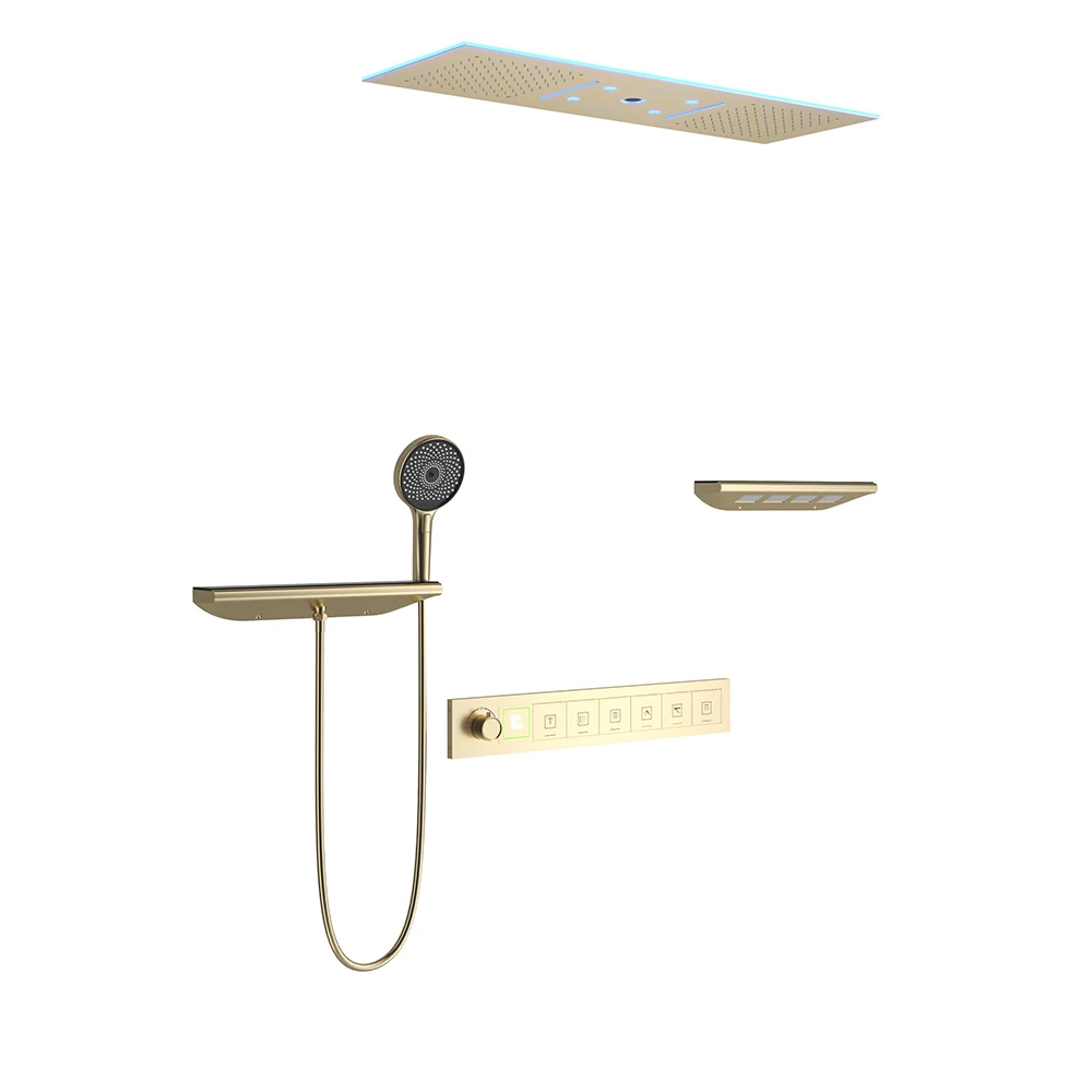 New Fashion LED Shower Mixer Set Ceiling Mounted Rain Mist Waterfall Bluetooth Shower Set Thermostatic Bathroom Smart System