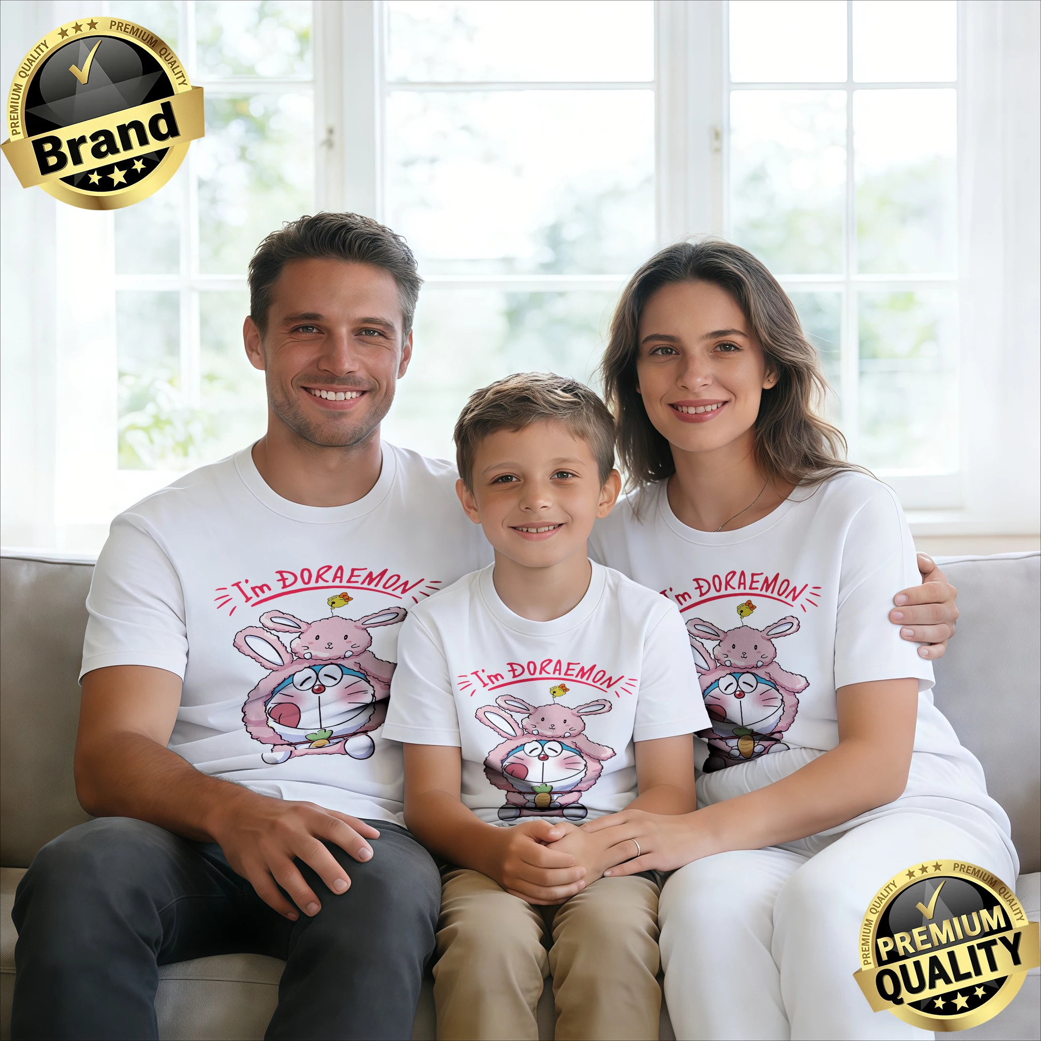 

2026 New Summer Matching Family Outfits, Doraemon Bunny Pure Cotton Tees, Loose Casual Tops, Single / 3-Person Options Fashion