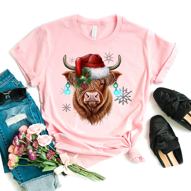 Christmas Highland Cow Animal Printed Pink T Shirt Women Harajuku Kawaii Clothes Casual Tshirt Femme Short Sleeve T-Shirt Female