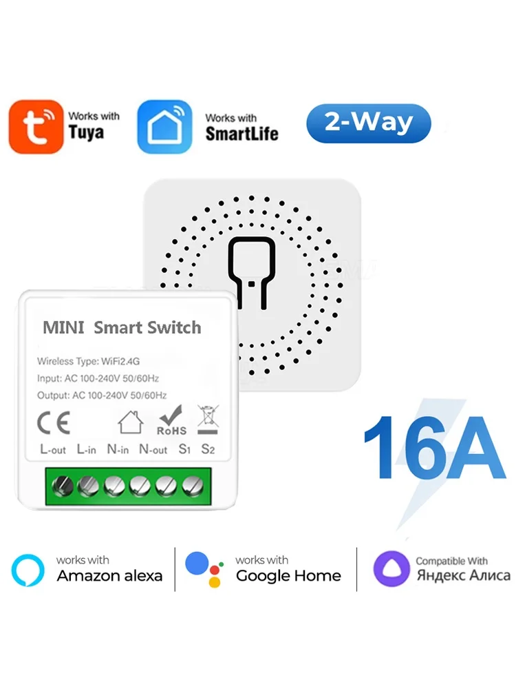 Inteligentny przełącznik WiFi 16A, moduł sterowania dwukierunkowego, mini wyłącznik, współpracuje z aplikacją Tuya Smart Life, Alexa, Google, Alice, 1 sztuka — 2