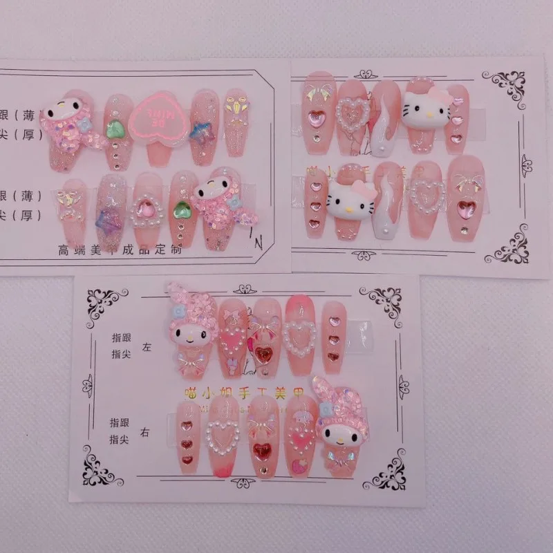 Sweet My Melody Hello Kitty Anime Kawaii MINISO Fake Nail Patch Cute Cartoon Y2k Removable Sticker Fashion Gifts for Kids