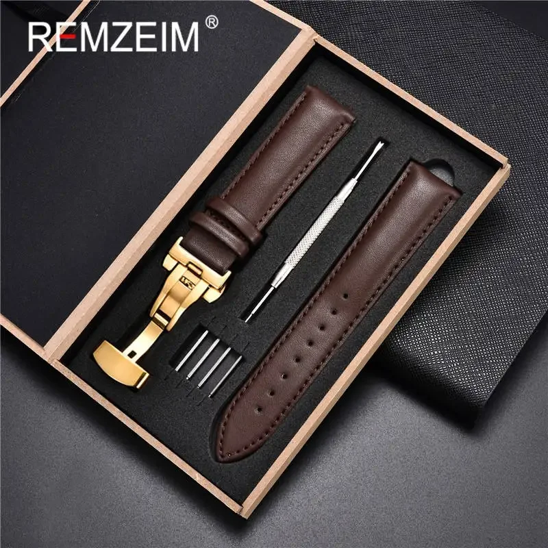 REMZEIM Soft Calfskin Leather Watchbands 18mm 20mm 22mm 24mm Straps Automatic Butterfly Clasp Watch Accessories With Box