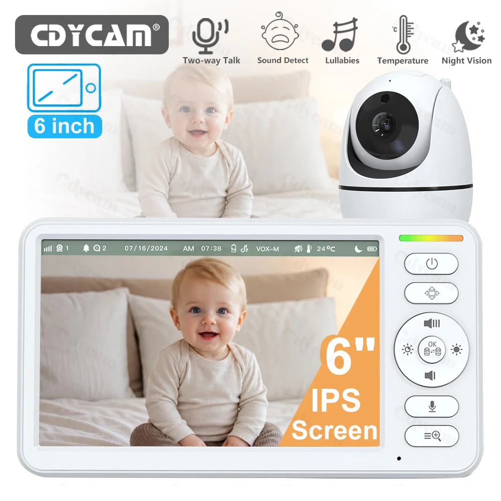 6'' Video Baby Monitor PTZ Home Security Cam Night Vision Two Way Audio No WiFi Kids Surveillance Camera With Temperture Display