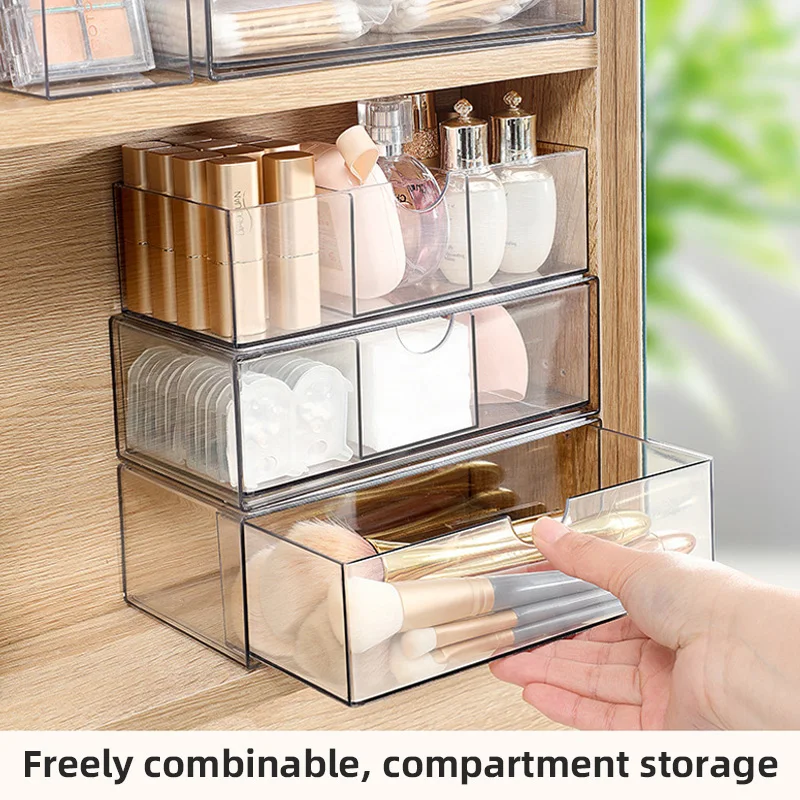 Pull-out mirror cabinet organizer with removable dividers, transparent sliding drawer & stackable structure. Suitable for bathroom, desk, counter, cabinet and office, great for cosmetics, makeup and stationery view 6