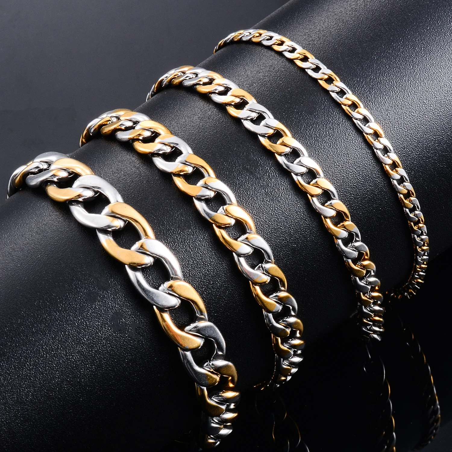 1pc Stainless Steel Cuban Link Chain Men's Bracelet Silver and Gold Color For Punk Men Women Fashion Jewelry