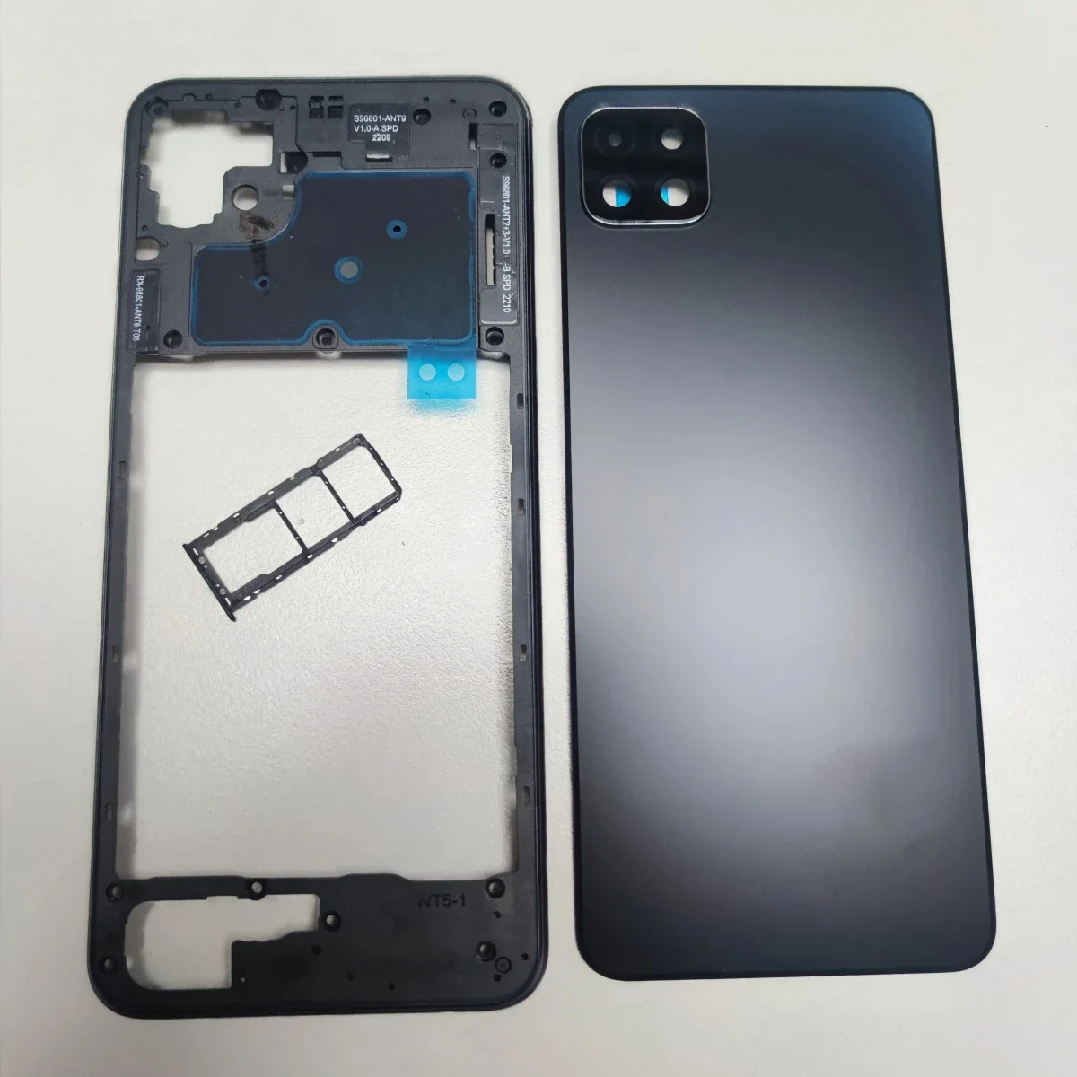 لسامسونج غالاكسي A22 4G 5G A225 A226 الأوسط غطاء إطاري + البطارية الغطاء الخلفي غطاء الباب الخلفي مع علبة بطاقة Sim إصلاح أجزاء