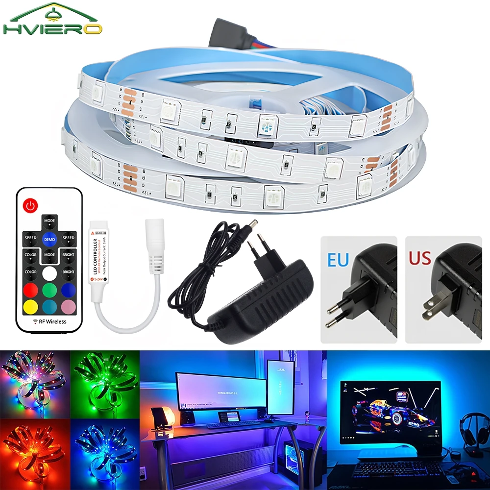 Party Atmosphere Holiday Decorations Lamp 5050 RGB 5M 10M Bedroom TV Backlights DC 12V LED Strip Lights 17/20/24/44Key Remote