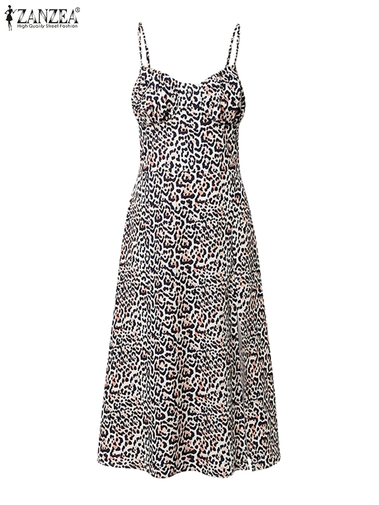 خمر فستان مُزين بطباعة الأزهار 2025 ZANZEA المرأة فستان الشمس المرأة موضة بلا أكمام سبليت فيستدوس رداء طويل فضفاض غير رسمي