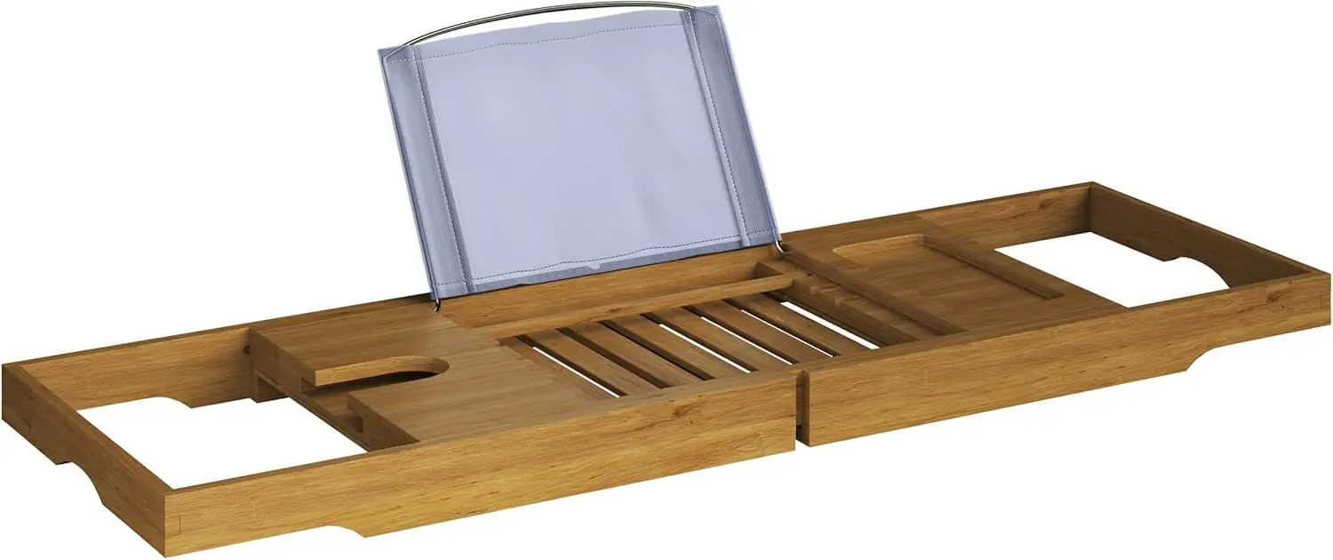 

Natural Wood Bathtub Tray with Extended Sides, Wine Glass Holder, and Rest for Book or Device - Bath Accessories