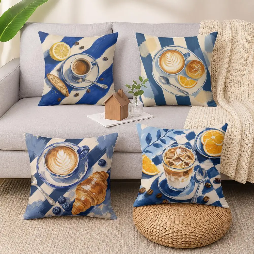 Gouache Picnic Coffee & Food Cushion Cover Soft Short Plush Pillow Cases Hidden Zipper Cutecore Sofa Bedroom Home Decor Gift