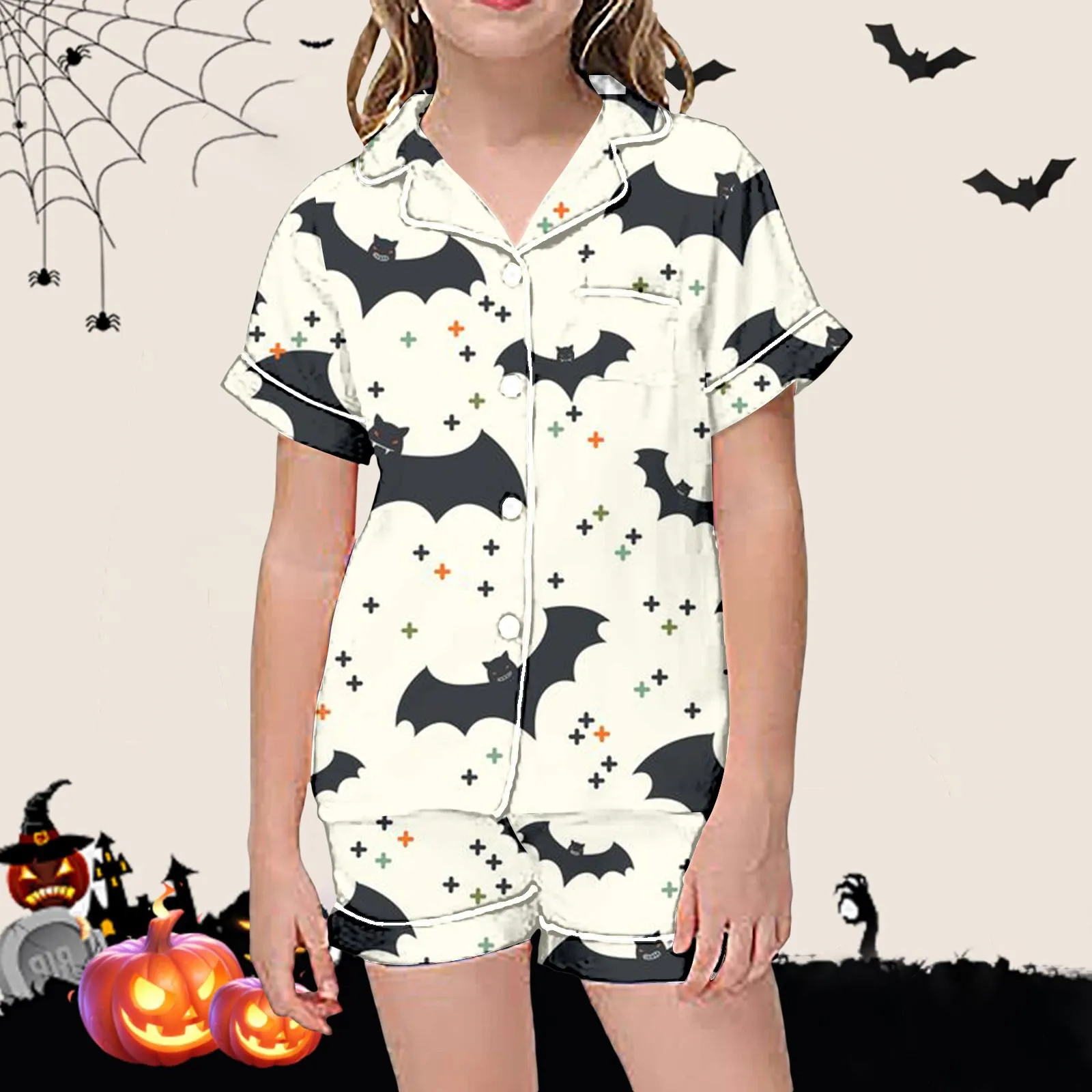 2pcs Comfortable Girl Sleepwear Women Halloween Satin Pajama Set Cartoon Ghost Print Short Sleeve Button Closure Top with Shorts