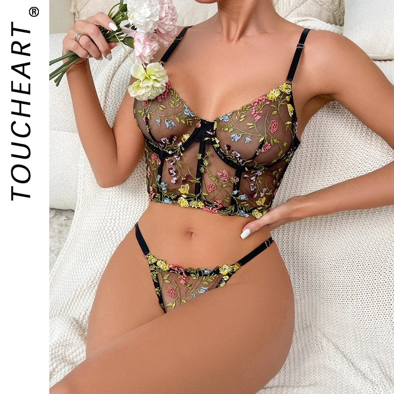 

Toucheart Sexy Lingerie Floral Embroidery Bra Set For Women Exotic Underwear Mesh See- Through Patchwork Sexy Underwear Suit New