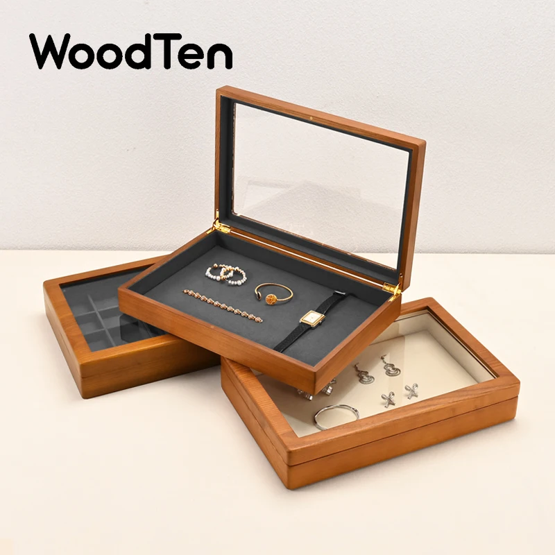 

WoodTen Retro Wooden Jewelry Box Watch Box Rings Necklaces Bracelets Display Case Jewelry Box Transparent Jewelry Organizer Box