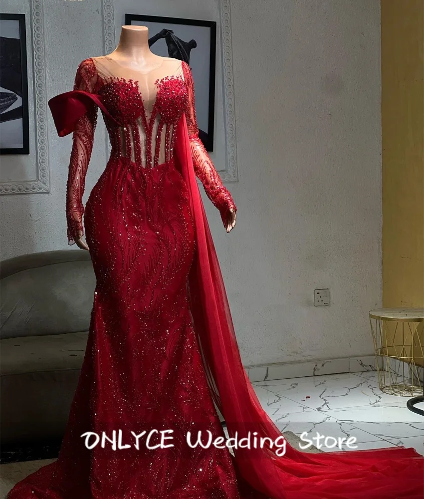 Sparkly Red Mermaid Evening Dress Bead Crystal Sequins O-Neck Long Sleeves Birthday Party Dress Prom Gown Vestido Customized 