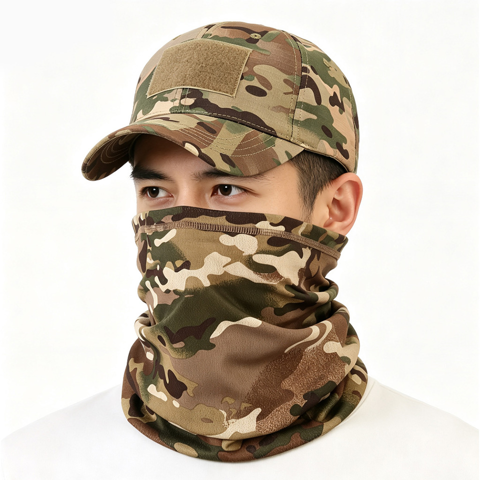 Neck Gaiter Face Mask Cap 2Pcs Set，Breathable Face Cover Tube Scarf， Hook Loop Patch Hat， Wind Dust Proof