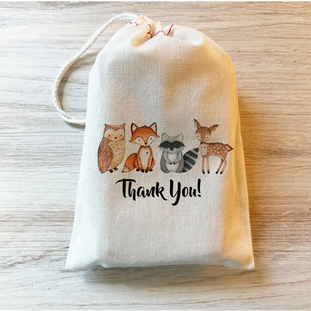 

25PCS Woodland Fox Deer Owl Forest Gift Party Favor Bags. Drawstring Birthday Gift Basket Bags Personalized. Cotton