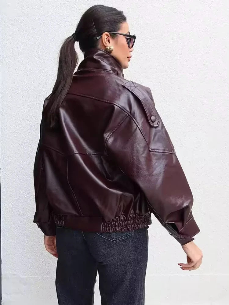 Casual Women Chic Leather Jackets Long Sleeve Zipper Elastic Oversized Coats Fashion 2025 Fall Winter PU Streetwear Coats