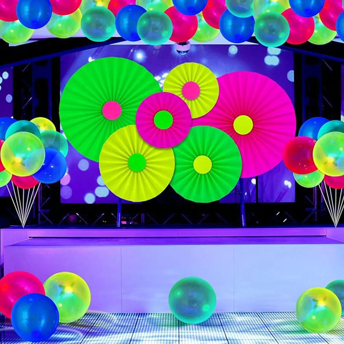 6PCS/SET  Neon Hanging Paper Fans Flowers Glow Paper Fans Party Supplies  Decorations Glow in The Dark Blacklight Reactive Fluor