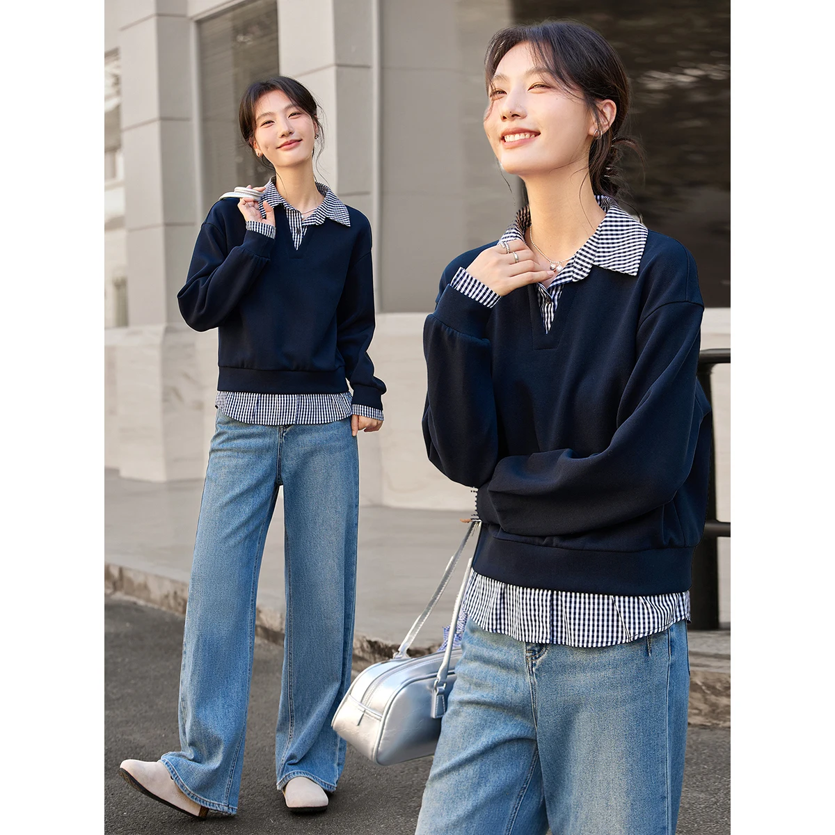 VIMLY Adrette Gefälschte Zwei-Stück Sweatshirt Frauen 2025, Herbst Pendeln Pullover Mode Drehen-unten Kragen frauen Kleidung a2068