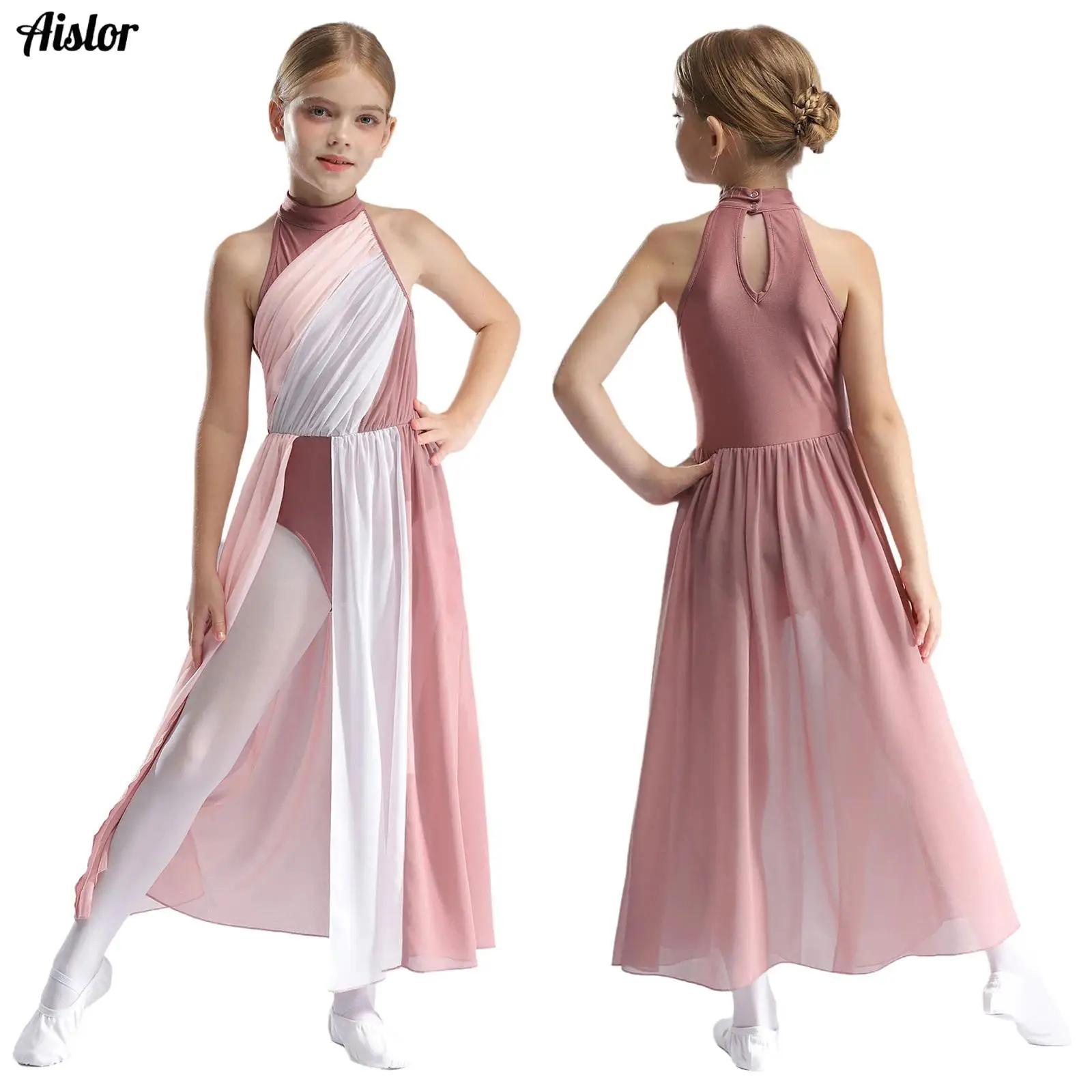 

Kids Girls Modern Lyrical Dance Dress Ballroom Ballet Leotard Dress Sleeveless Keyhole Back Color Block Mesh Split Maxi Dress