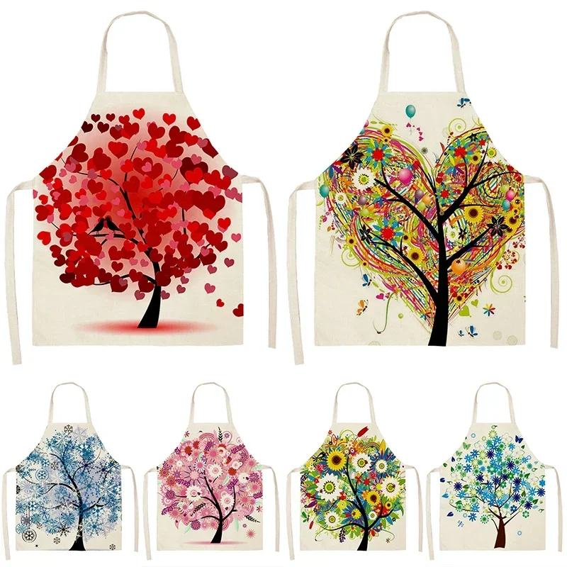 Colorful Tree Printed Kitchen Sleeveless Aprons Cotton Linen Bibs Household Women Cleaning Pinafore Home Cooking Tablier Cuisine