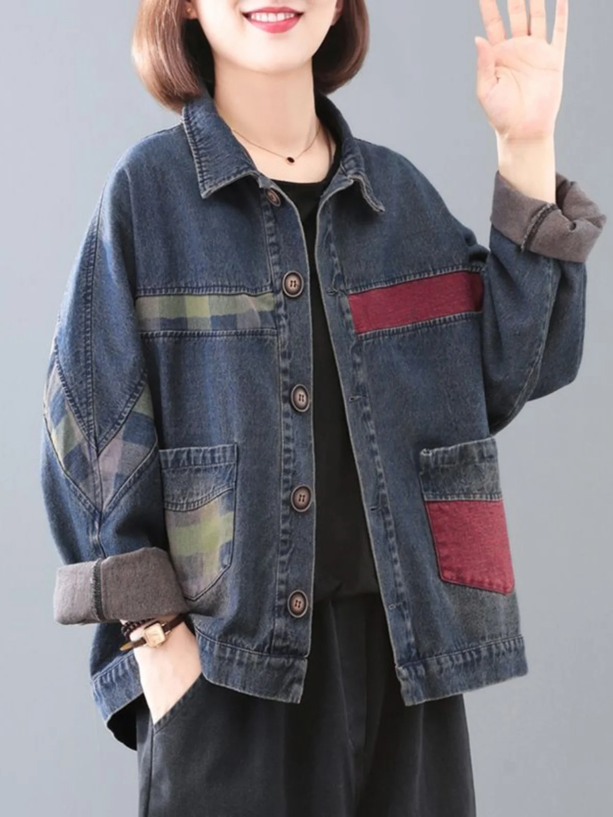 

Spring Autumn High Street Vintage Denim Jackets For Women Chic Patchwork Lapel Long Sleeve Cow Boy Casual Female Coats Outwear