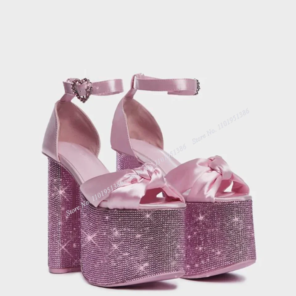 Moraima Snc Pink Crystal Platform Sandals Bow Kont Ankle Buckle Shoes Silk Sandals For Women Chunky High Heel Zapatillas Mujer
