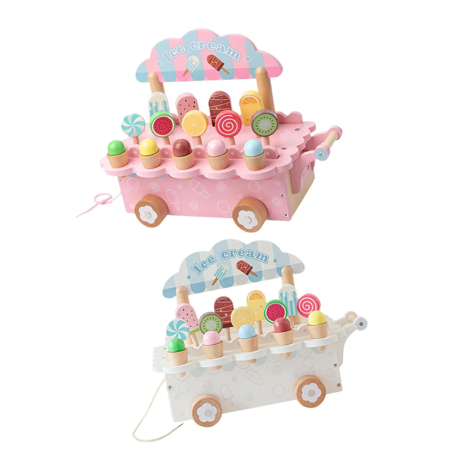 Carrello per gelato in legno Giocattolo da gioco Accessori da cucina Set di ghiaccioli in legno per bambini Bambini 3-8 anni Ragazzi Ragazze Regali di compleanno