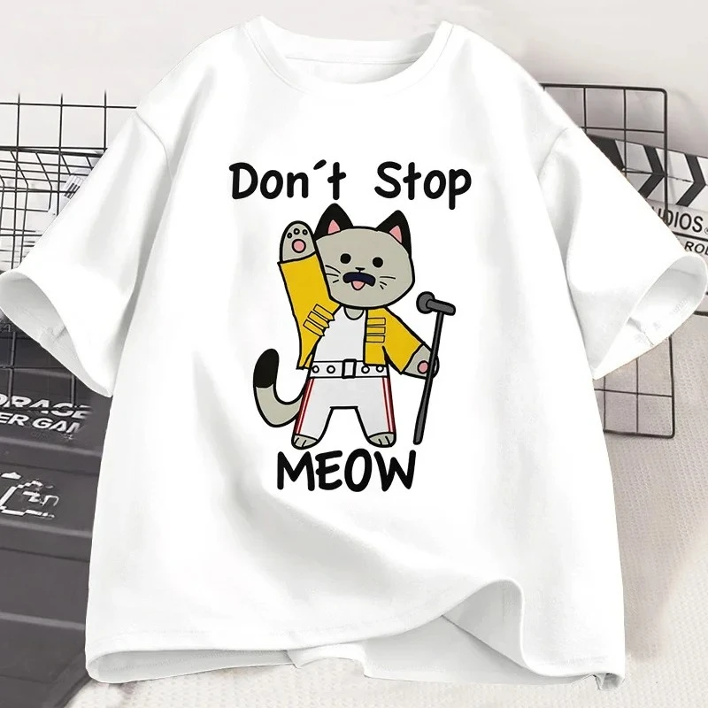 Don't Stop Meow T-Shirt Funny Cat Printed T Shirt Women Vintage Music Cartoon Casual Short Sleeve Women Fashion Top Clothing