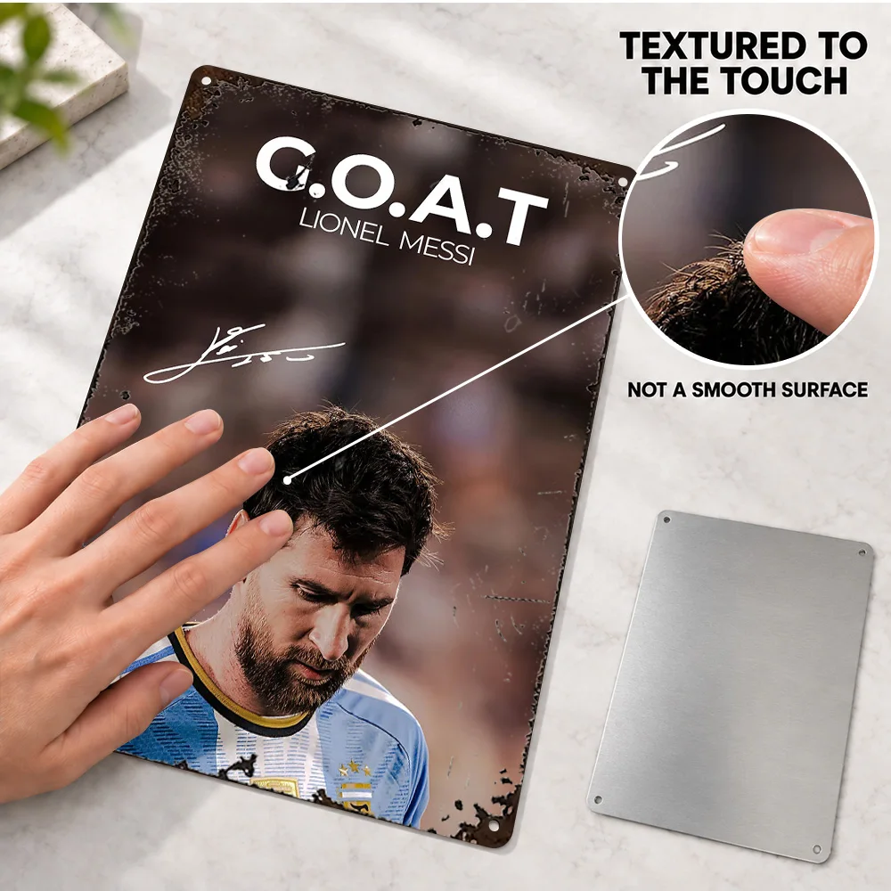 Lionel Messi GOAT Portrait Football Aluminum Poster Customized Metal Sign Color Photo Wall Art For Home Gym Sports Lover Gift