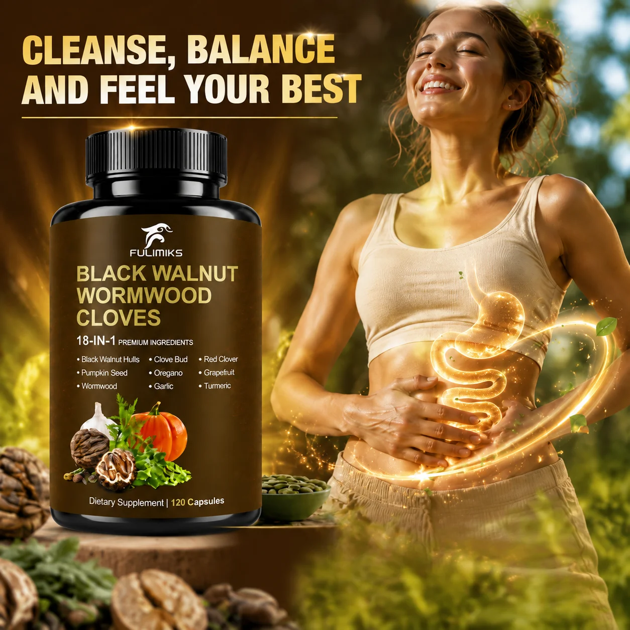 Black Walnut Wormwood Supplement, Support Gut Cleanse, Digestive Comfort, Intestinal Balance & Immune Health,with Oregano Garlic