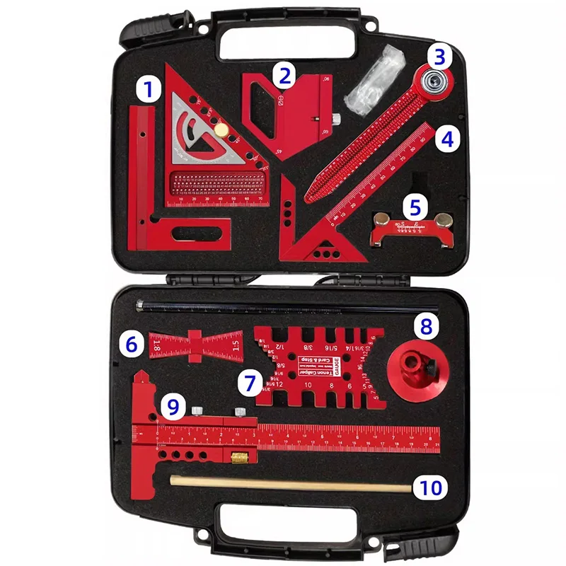 9/10-Piece Woodworking Measurement Set Includes Height Gauge, Aluminum Scribing Ruler, Center Locator, and Circular Drafting Com