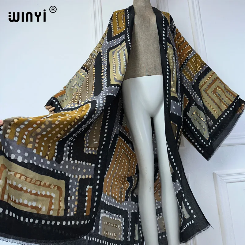 WINYI summer outfit kimono africa geometry print beach cover up maxi dress cardigans beach wear women 2025 abaya dubai luxury