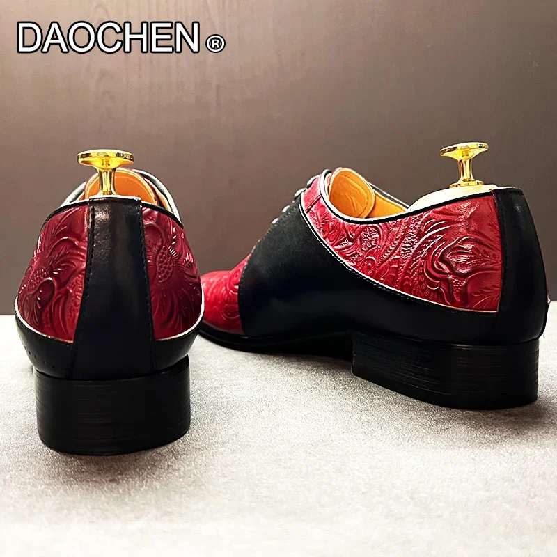 Zapatos de piel auténtica para hombre, calzado informal con cordones, punta estrecha, estampado, color rojo y negro, para boda y oficina