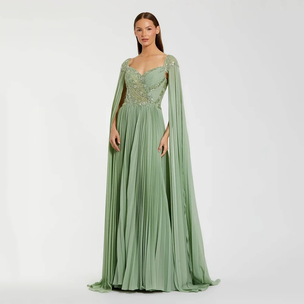 Maßgeschneidertes grünes Chiffon-Abendkleid in hoher Qualität, herzförmig, bodenlang, mit Perlenapplikationen, A-Linie für formelle Abende