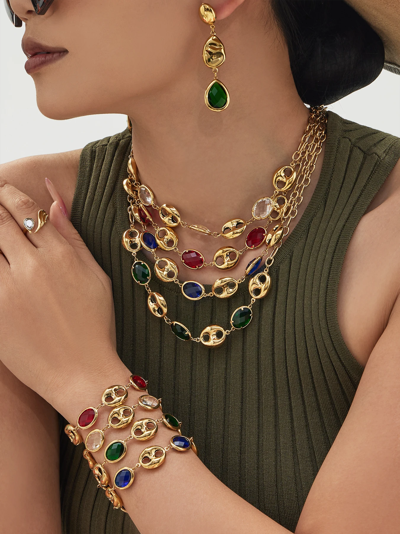 Nivora Ausgezeichnete Bunte Glas Halsketten Armbänder Für Frauen Edelstahl Hohl Schwein Nase Ring Kette Hochzeit Schmuck Sets