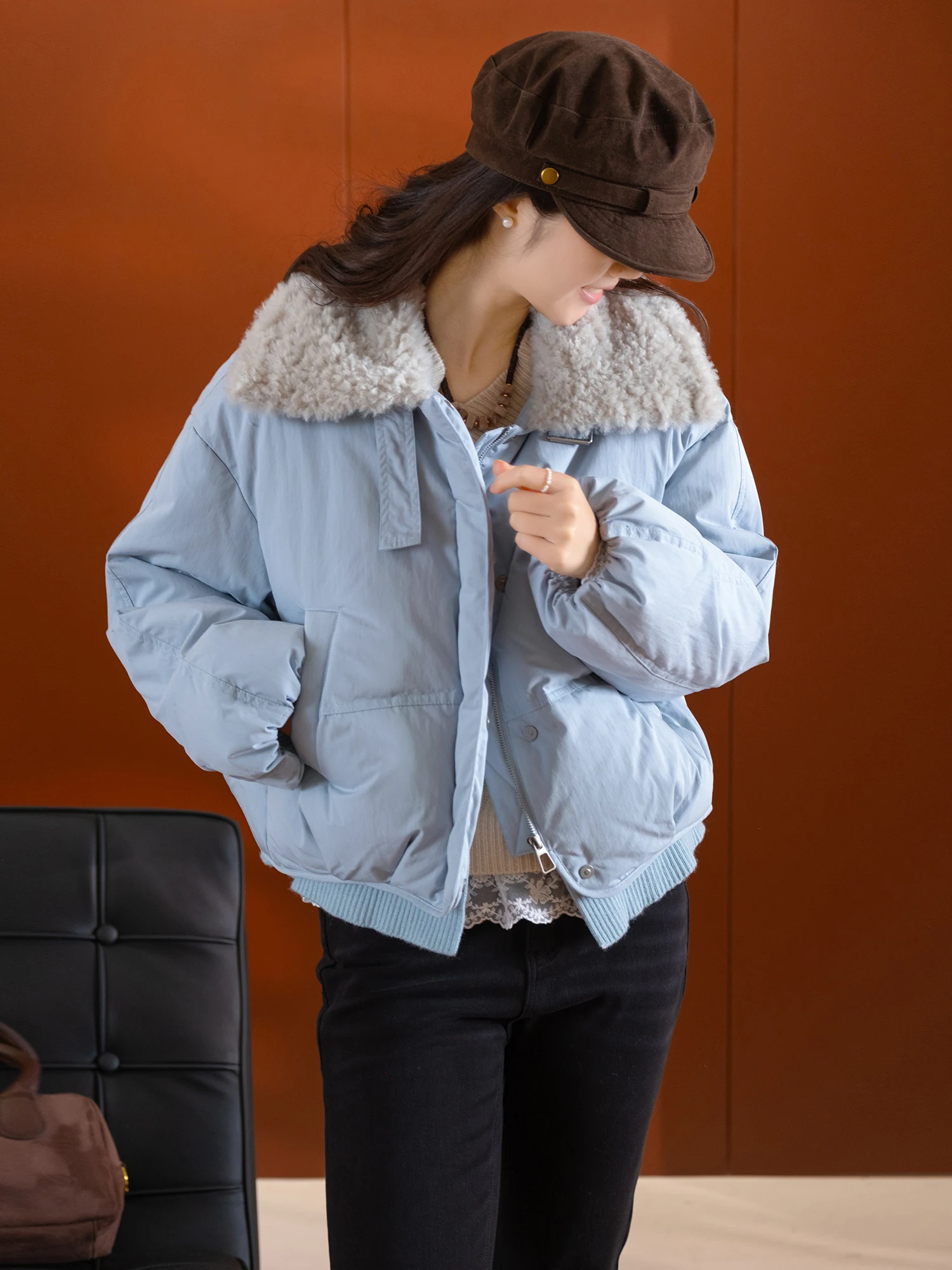 

Textured Cotton Knitted ort down Jaet 90 White Du Feather Puffer Coat Big Collar Furry Trim Casual Loose Fit Women's Wi...