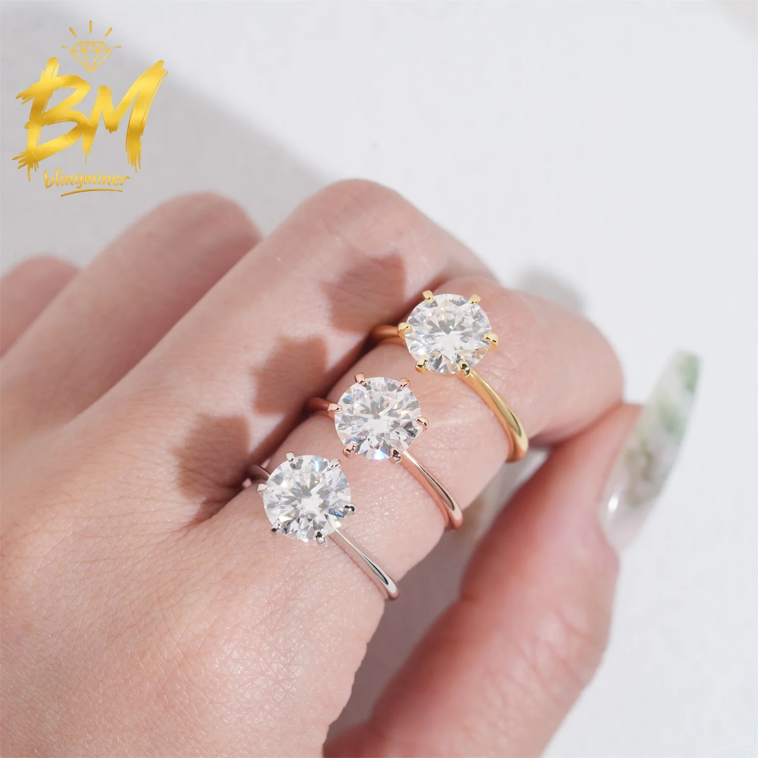 Blingminer 3Ct 6 Prong Round S925 Silver VVS Moissanite Rings Engagement Wedding Women Finger Jewelry Pass Diamonds Free Shippin