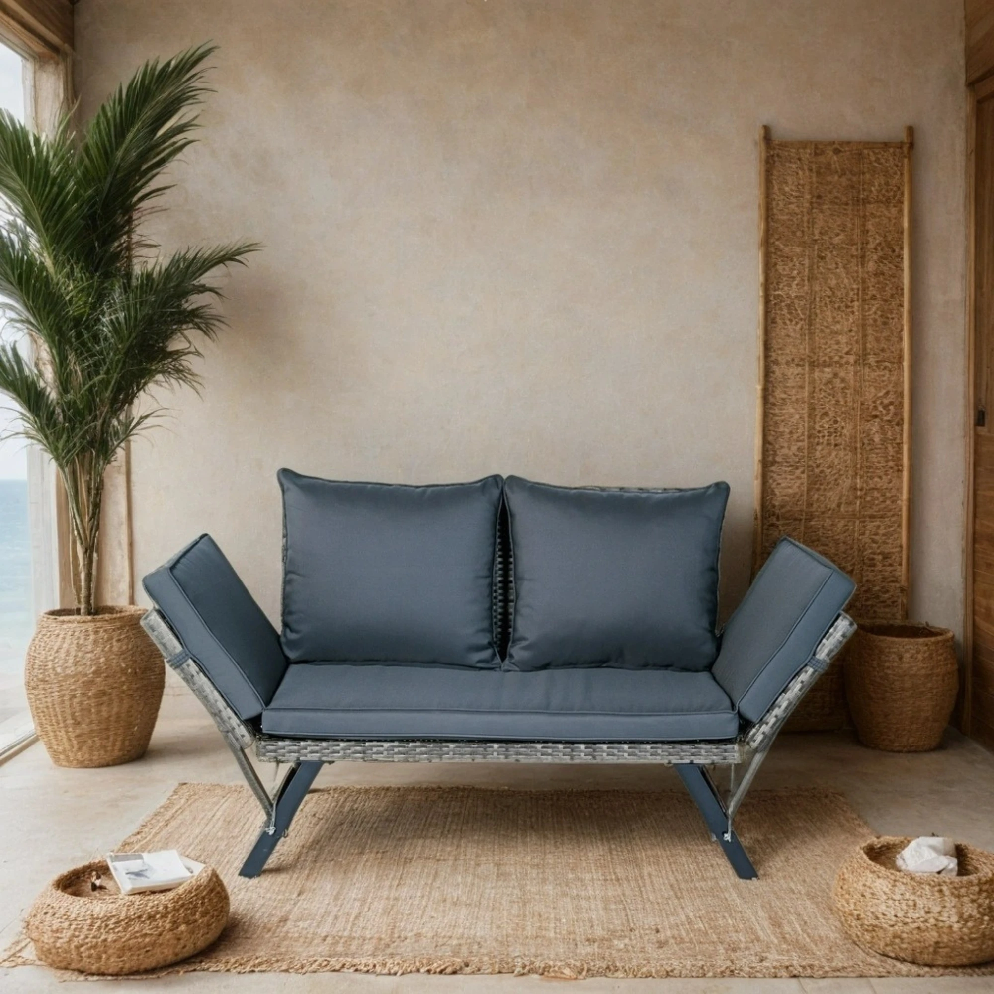 1 PCS Patio Wicker Side Foldable Bench Patio Backyard Conversation Bench Grey Wicker + Dark Grey Cushion