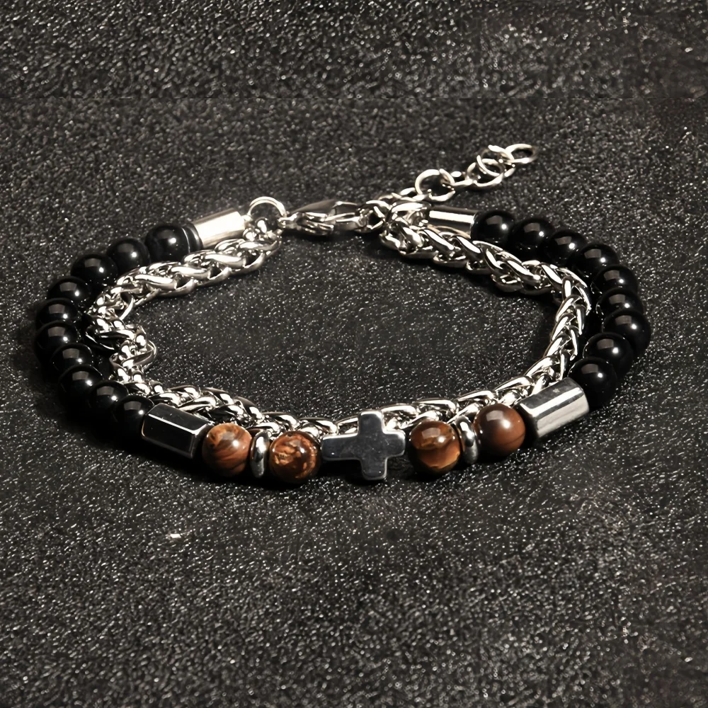 Böhmisches braunes Perlenkreuz-Mehrschicht-Armband, Retro-Silberfarbenes Edelstahl-Armband für Männer, modischer Schmuck für Frauen. – Detail 2