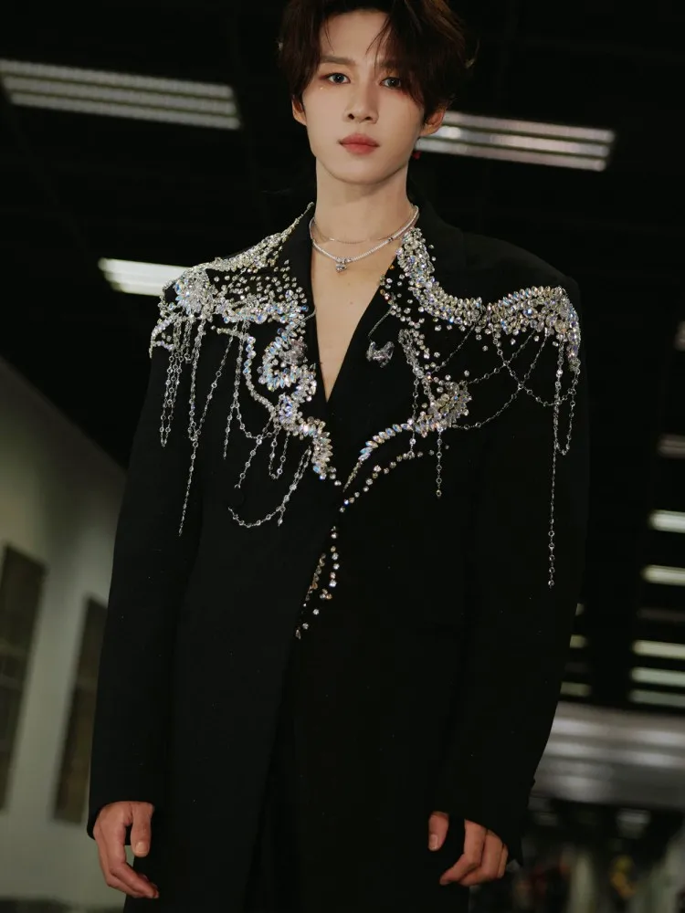Fashion Mens Handmade Shiny Diamonds Blazer Jacket Double Breasted Stage Show Suit Coat Luxury Designer Crystal Party Blazers