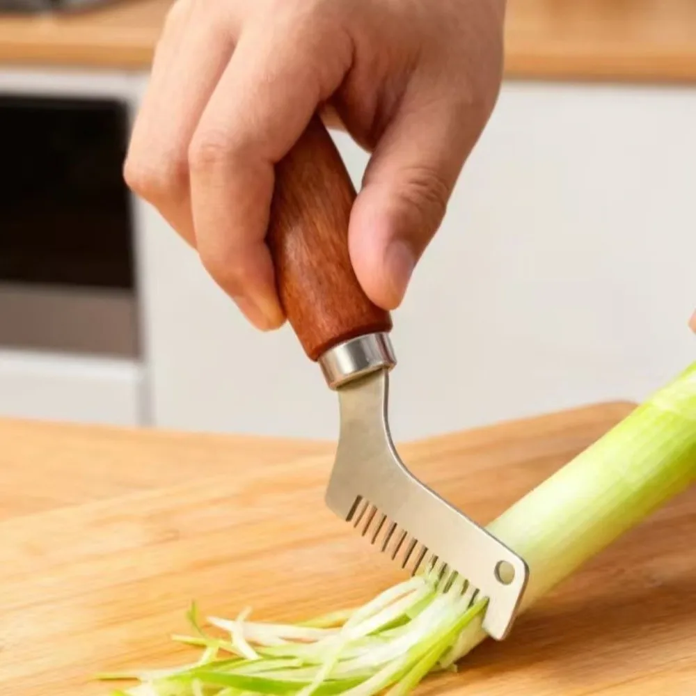 Stainless Steel Scallion Chopper Ergonomic Wooden Handle Onion Cutter Multi-functionl Manual Green Onion Cutter Food Preparation