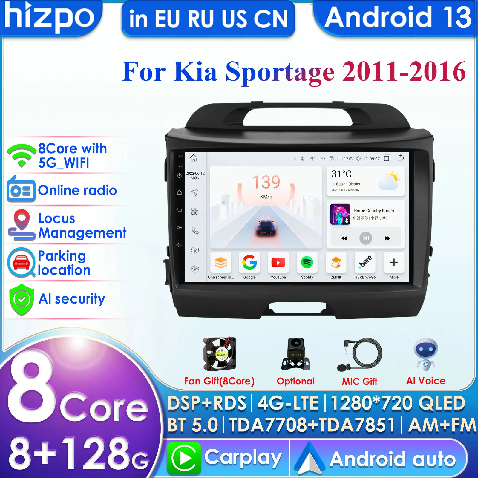 Hizpo AI Voice 2 Din Android Auto Radio For KIA Sportage 3 2010-2016 2015 Carplay Car Multimedia GPS 2din Autoradio SWC BT RDS